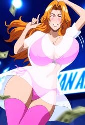 ai_assisted ai_generated anime_screencap anime_style bleach bouncing_breasts closed_eyes dancing dollar_bills flipping_off huge_breasts lights long_hair matsumoto_rangiku nightclub nightgown orange_hair pink_bra pink_panties pink_thighhighs see-through_clothing self_upload selvoka smile tagme wide_hips