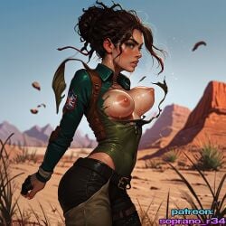 ai_generated big_breasts big_nipples big_thighs blush blush breasts breasts breasts_out brown_hair curly_hair cyberpunk_(series) cyberpunk_2077 desert female female long_hair nipple_tweak nipples panam_palmer ripped_clothing ripped_clothing shocked shocked_expression soprano_r34 tits_out