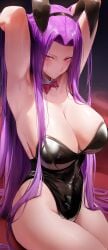 1girls absurdres armpits bare_shoulders black_leotard breasts cleavage fate/stay_night fate_(series) forehead highres large_breasts leotard long_hair looking_at_viewer medusa_(fate) medusa_(rider)_(fate) parted_bangs playboy_bunny purple_eyes purple_hair rororo sidelocks solo very_long_hair