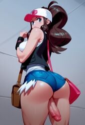 ai_generated brown_hair fit from_behind from_below futanari hilda_(pokemon) long_hair looking_at_viewer looking_down penis tucked_penis