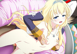 1boy 1girls amagi_brilliant_park areolae armpits bare_shoulders blonde_hair blue_eyes blush breast_grab breasts censored clothed_male_nude_female crown elbow_gloves female highres latifa_fleuranza legs long_hair male mosaic_censoring navel necklace nipples nude open_mouth penis pussy sex sitting sitting_on_person small_breasts thighs vaginal_penetration