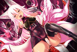 after_sex ahe_gao animal_ears anus biosuit breasts corruption cum cum_in_pussy dark_persona elbow_gloves female fox_ears fox_tail gloves haik heart heart-shaped_pupils highres kokonoe_tsubaki living_clothes long_hair multi_tail nipples open_mouth original purple_eyes pussy restrained solo symbol-shaped_pupils tail tails tattoo tentacle thighhighs tongue tongue_out white_hair