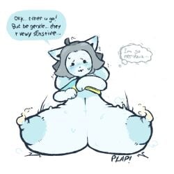 1:1 anthro areola big_breasts blush bodily_fluids breasts clothed clothing clothing_lift female hi_res huge_breasts hyper hyper_breasts lactating looking_at_viewer milk nervous_smile nipples nucr4r shirt shirt_lift smile smiling_at_viewer solo sound_effects speech_bubble temmie_(undertale) text thought_bubble topwear undertale undertale_(series)