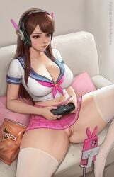 1girls accidental_exposure asian asian_female breasts brown_hair casual cleavage clothing couch d.va doritos edit electronics female female_only game_controller human large_breasts legwear light-skinned_female light_skin livestream meekohopanes no_panties oblivious overwatch overwatch_2 pale_skin phone pussy revealing_clothes sitting skirt smile stockings televised_humiliation unintentional_exhibitionism upskirt