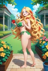 adam_and_eve ai_generated apple ass ass barefoot blonde_hair blush breasts eve_(record_of_ragnarok) eve_(shuumatsu_no_valkyrie) fig_leaf flower_in_hair fruit full_body leaf_bikini long_hair looking_at_viewer nude open_mouth record_of_ragnarok shuumatsu_no_valkyrie