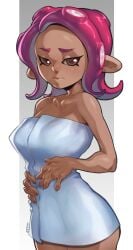 1girls dark_skin digital_drawing_(artwork) digital_media_(artwork) embarrassed estyy female female_focus female_only naked_towel octoling octoling_girl splatoon splatoon_3 towel towel_around_neck towel_over_breasts