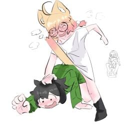 1boy 2025 2girls ankle_boots anonymous_artist ass_up big_glasses black_hair blonde_hair blush braid breast_play breathing cat_ears cat_tail catgirl dominant_female duo_focus erect_tail femdom flesh_fang glasses green_clothing head_grab heavy_breathing imminent_rape indie_virtual_youtuber male/female masturbation minikomew open_mouth oversized_clothes pinned_down pussy_juice pussy_juice_puddle sitting sketch sparkling_eyes struggling submissive_male t-shirt tail_between_legs twin_braids twintails unknown_character vedal987 virtual_youtuber voyeur vtuber wavy_mouth white_background