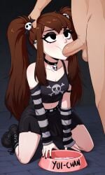 ai_generated arm_warmers black_clothing blowjob boots bowl brown_hair choker clothed cum_in_bowl egirl eyelashes eyeshadow facial female goth goth_girl, hand_on_head pet_bowl petplay skirt skull_hair_accessory sucking sucking_penis twintails yui_chan