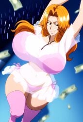 1girls ai_assisted ai_generated anime_screencap anime_style arms_up bleach bouncing_breasts breasts dancing dollar_bills huge_ass huge_breasts long_hair make_it_rain matsumoto_rangiku nightclub nightgown orange_hair pink_bra pink_panties pink_thighhighs see-through_clothing self_upload selvokaz tagme wide_hips