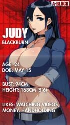 1girls a-block_(series) ass belt big_ass big_breasts big_thighs blue_eyes blue_hair blue_pants bottom_heavy breasts bust busty character_age character_bio character_height character_likes character_profile character_sheet chest chocker cleavage cup_size curvaceous curvy curvy_figure female female_focus fit_female hips hourglass_figure huge_ass huge_breasts judy_blackburn large_ass large_breasts legs light-skinned_female light_skin lips long_hair mature mature_female necklace original original_character slim_waist thick thick_hips thick_legs thick_thighs thighs top_heavy top_heavy_breasts vest voluptuous voluptuous_female waifusplit waist wide_hips wide_thighs