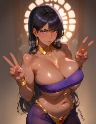 ai_generated aisha_belka cleavage dark-skinned_female dark_skin dungeon_ni_deai_wo_motomeru_no_wa_machigatteiru_darou_ka fr34ky harem_girl harem_pants huge_breasts