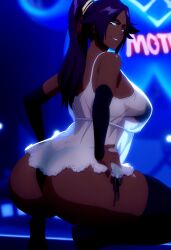 ai_assisted ai_generated anime_screencap anime_style ass_shake back_boob big_ass black_arm_warmers black_bra black_panties black_thighhighs bleach dancing dark-skinned_female hands_on_hips high_ponytail large_breasts long_hair looking_at_viewer naughty_face nightclub nightgown purple_hair see-through_clothing self_upload selvokaz shihouin_yoruichi squatting twerking wide_hips yellow_eyes