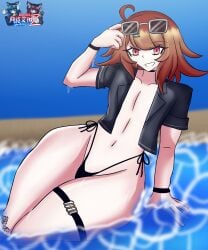 1boy 2025 airiin220 beach belly_button big_thighs black_rose:_kotonoha_project_2nd_season bracelet brown_hair choker cyberairiin_(airiin220) femboy femboy_only kotonoha_project maimai_(game) male male_only nick_(kotonoha_project) pink_eyes solo solo_focus solo_male sunglasses thick_thighs thong wide_hips