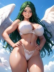 ai_generated angel_wings ass big_breasts blue_sky hands_on_hips ibara_shiozaki isogil my_hero_academia solo white_bra white_thong white_underwear wings