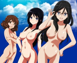 3girls adjusting_glasses black_hair blue_eyes blush breasts brown_eyes brown_hair gentoku glasses hand_on_hip hibike!_euphonium highres kousaka_reina long_hair looking_at_viewer multiple_girls nipples nude oumae_kumiko over-rim_glasses purple_eyes pussy red-framed_glasses semi-rimless_glasses smile tanaka_asuka thigh_gap uncensored