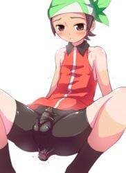 anal anal_insertion androgynous balls bare_shoulders bike_shorts blush brendan_(pokemon) bulge cameltail clothed_masturbation clothing crossdressing erection erection_under_clothes femboy human male male_only masturbation may_(pokemon)_(cosplay) may_(pokemon_emerald)_(cosplay) object_insertion penis pokemon rei_oe simple_background solo spread_legs tan tanline testicles vibrator vibrator_bulge vibrator_under_clothes white_background