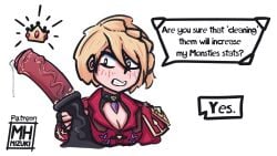 1boy 1girls alternate_version_at_source alternate_version_available armor blonde_hair braided_hair capcom cleavage clothed cock cute dick dirty eleanor_(monster_hunter) female holding_penis horse horse_penis horsecock huge_cock lewd male mizuxtsune monster_hunter monster_hunter_stories monster_hunter_stories_3:_twisted_reflection npc penis precum short_hair smegma tongue_out