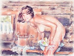 1girls bath countryside dark_hair gare_desad medium_breasts nonsexual_nudity painting_(artwork) tan-skinned_female tan_skin young