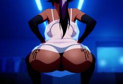 ai_assisted ai_generated anime_screencap anime_style ass_shake back_boob big_ass black_arm_warmers black_bra black_panties black_thighhighs bleach dancing dark-skinned_female hands_on_hips high_ponytail large_breasts long_hair looking_at_viewer naughty_face nightclub nightgown purple_hair see-through_clothing self_upload selvokaz shihouin_yoruichi squatting twerking wide_hips