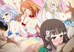 4boys 4girls amagi_brilliant_park areolae ass back bare_shoulders black_hair blonde_hair blue_eyes blue_hair blush breast_sucking breasts breasts_out brown_eyes censored choker fellatio female green_eyes handjob highres koborii_(amaburi) large_breasts legs long_hair male mosaic_censoring multiple_boys multiple_girls muse_(amaburi) nipples open_mouth oral orange_hair orgy penis red_eyes salama_(amaburi) sex short_hair small_breasts straight sylphy_(amaburi) thighs tongue tongue_out vaginal_penetration