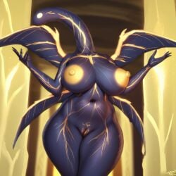 ai_generated anthro curvy elden_beast elden_ring fromsoftware front_view glowing glowing_genitalia glowing_nipples huge_breasts huge_nipples nipples nude pussy solo standing thick_thighs whistlthistl