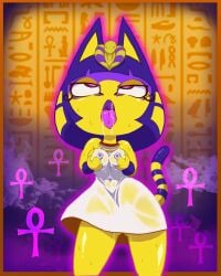 ahe_gao animal_crossing ankha ankha_(animal_crossing) breasts_grab nikunigushii nipple_bulge nipple_outline saliva saliva_drip tongue tongue_out yellow_body yellow_fur