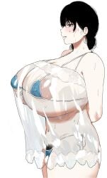 1girls arms_behind_back bare_shoulders big_breasts black_hair blue_underwear blush chainsaw_man clothed female mitaka_asa nightgown nipple_bulge pubic_hair purple_eyes see-through see-through_clothing short_hair solo solo_female sweat underwear unipiano uniunipiano