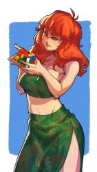 estyy orange_eyes orange_hair red_hair rubik's_cube simple_background tubetop wide_hips