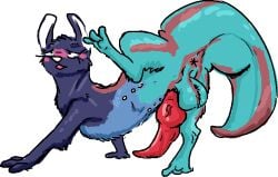 ahe_gao anus ass balls belly_nipples blue_body blue_fur blush feral fur genitals inv_(rain_world) knot knotted_penis looking_pleasured male markings penis presenting presenting_hindquarters rain_world red_markings slugcat solo standing stripes videocult welcometaco white_eyes