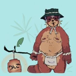 1:1 anthro balls big_balls blush bottomwear breasts brown_body brown_fur bulge canid canine cider_(ectomellow) closed_eyes clothing ectomellow fur genitals hair hat headgear headwear hi_res lamp leaf loincloth male mammal moobs nipples open_mouth overweight overweight_anthro overweight_male raccoon_dog simple_background slightly_chubby smile solo stick tail tanuki wardrobe_malfunction