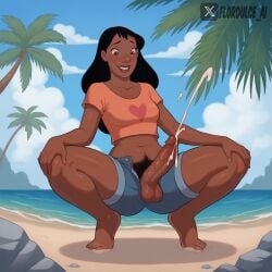 1futa ai_generated ball_hair balls beach black_hair brown_eyes cum cumming cumshot dark-skinned_futanari dark_skin ejaculating_cum ejaculation erect_penis erection exposed_penis feet female flordulce futa_only futanari hairy_balls hairy_testicles hands_on_knees happy_trail lilo_and_stitch long_hair looking_at_genitalia looking_at_penis looking_down_at_penis midriff nani_pelekai navel orgasm outdoors penis penis_awe penis_out pubic_hair shirt short_shorts shorts solo_futa spread_legs squatting testicles