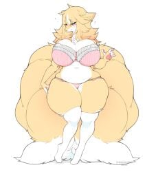 2019 5_fingers anthro belly big_breasts biped bra breasts canid canine cherrikissu cleavage clothed clothing countershading curvy_figure digital_media_(artwork) dipstick_tail female fingerless_(marking) fingers fox front_view fur huge_breasts huge_thighs mammal markings multi_tail multicolored_body multicolored_fur multicolored_tail overweight overweight_anthro overweight_female panties solo standing tail tail_markings thick_thighs two_tone_body two_tone_fur underwear voluptuous white_body white_countershading wide_hips