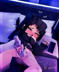 1girls 3d 3d_(artwork) bed bedroom black_hair blush bottomless cellphone charlie_kyuu_(qryptic) female freckles half-closed_eyes half-dressed half_naked minecraft moan moaning moaning_in_pleasure moans phone purple_eyes pussy pussy_juice qryptic solo solo_female solo_focus squirting text twitter_username vibrator watermark white_skin