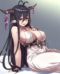 antenna_hair black_hair breast_suppress breasts commentary_request danua draph female fingerless_gloves gloves granblue_fantasy hair_between_eyes horn_ornament horns houtengeki jewelry jpeg_artifacts large_breasts leaning_back long_hair necklace pointy_ears red_eyes sitting solo