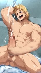 1boy abs alternate_version_available bara barazoku blonde_hair cum cumshot gay hands_behind_head high_resolution highres kuroshinki light-skinned_male male male_focus male_only masturbation mirio_togata muscular muscular_male my_hero_academia nipples pecs solo spread_legs sweat