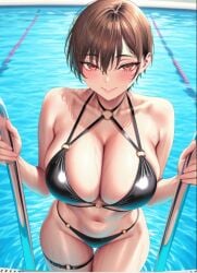 1girls ai_generated bikini brown_hair female_only looking_at_viewer poolside red_eyes solo_focus thick_thighs