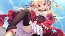 black_legwear blonde_hair blush celica_tepes_lunatica dress escude footjob game_cg hanayome_to_maou long_hair open_mouth panties shiramochi tagme thighhighs