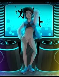 anime black_hair gamer_boy half_naked hat male_only nice_cock_bro perfect_body perfect_penis persona_5 pose shinya_oda smile twink