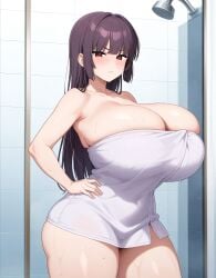 ai_generated annoyed annoyed_expression big_breasts long_hair please_don't_bully_me,_nagatoro president_(nagatoro) purple_hair red_eyes sana_sunomiya shower towel towel_only