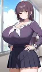 ai_generated annoyed annoyed_expression big_breasts long_hair please_don't_bully_me,_nagatoro president_(nagatoro) purple_hair red_eyes sana_sunomiya school_uniform schoolgirl