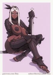 1girls armor black_nails black_pasties black_sclera breasts colored_sclera couter cuisse dark-skinned_female dark_skin feet female flou gauntlets gorget greaves hair_ribbon hairband highres holding_sword holding_weapon large_breasts long_hair original pasties patreon_username poleyn pussy rondel_(armor) sabatons sitting solo spaulders stella_(flou) sword toes very_dark_skin weapon white_eyes white_hair