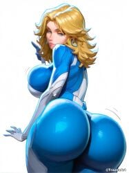 1girls ai_generated ass ass_focus breasts female female_focus female_only invisible_woman invisible_woman_(marvel_rivals) large_ass large_breasts light-skinned_female light_skin looking_at_viewer looking_back marvel marvel_rivals solo sue_storm trazenart white_background