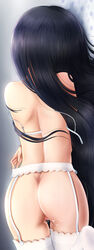 ass black_hair blush bra breasts chunyan dakimakura female from_behind garter_belt highres kotegawa_yui long_hair md5_mismatch to_love-ru uncensored unclasped underwear white_bra white_legwear