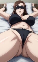 ai_generated big_breasts black_bikini black_bra black_thong black_thong_panties blindfold blush bondage bound bound_to_bed bound_wrists brown_hair close-up eye_bags eyebags femsub head_on_pillow jujutsu_kaisen mole mole_under_eye on_back pillow pov pov_crotch seductive seductive_look shoko_ieiri spread_arms spread_eagle spread_legs thick_thighs tied_to_bed tied_up zoom_in