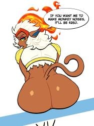 1girls anthro ass big_ass bubble_butt dat_ass dialogue fat_ass female female_only flaming_hair huge_ass infernape large_ass looking_back lovetopullmicke nude nude_female png pokemon pokemon_(species) primate sitting solo tail talking_to_viewer text thick_ass you_spank_it_once