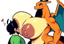 1boy 1boy1girl 1girls ai_generated anthro big_breasts charizard duo female generation_1_pokemon human humor large_breasts male/female male_human/female_pokemon mullon novelai pokemon pokemon_(species) size_difference smile thick_thighs voluptuous voluptuous_female wide_hips