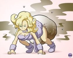 all_fours artist_signature ayla_(chrono_trigger) blonde_hair blue_eyes chrono_trigger clothed diaper digital_media_(artwork) flies_for_smell hyrosdiaperdivas long_hair looking_at_viewer messy_diaper no_background scat stink_lines tagme