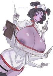 2024 5_eyes big_breasts boob_window female huge_breasts lemonbizate_(artist) looking_at_viewer monster_girl muffet needle nipple_slip nipples nurse nurse_uniform spider_girl thick_thighs undertale undertale_(series) white_background