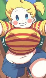 :d aged_up ai_generated blonde_hair blue_eyes blue_shorts blush_stickers busty chubby clothed curvy day female forest hair_tie incoming_hug large_breasts looking_at_viewer lucas_(mother_3) mother_(series) mother_3 outdoors oval_eyes perky_breasts pixai ponytail red_hair_tie rule_63 running shirt shirt_raised shoes short_hair shorts side_ponytail smile socks solo striped_shirt trees