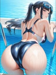 1girls ai_generated bathing blue_eyes blue_hair female_only glasses_on_head long_hair looking_back lying one-piece_swimsuit solo_female swimsuit